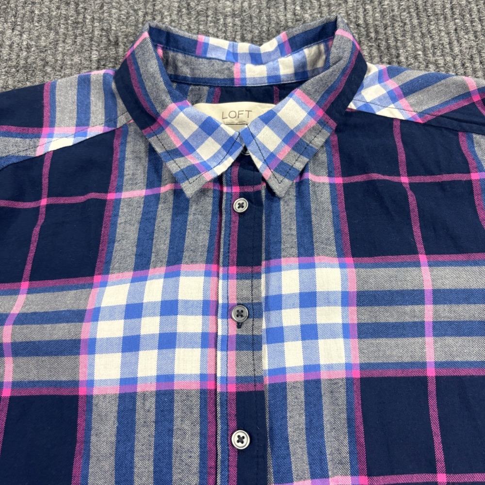 LOFT Button Down Shirt Women‎ MP Blue Pink Plaid Long Sleeve Cotton Blouse